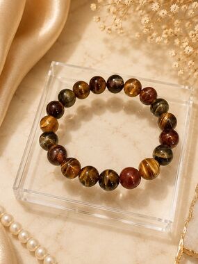 Tiger Eye Multi-Color Beaded Stretch Bracelet - Polished Brown & Gold Tones